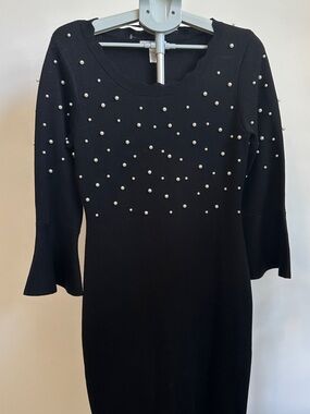 London Times Black Knit Dress with Pearl Embellishments